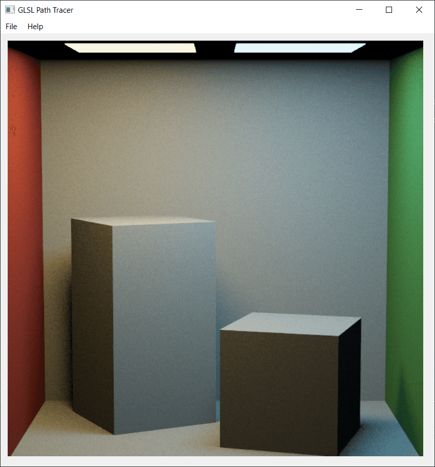 A Cornell box lit by two area lights using multiple importance sampling