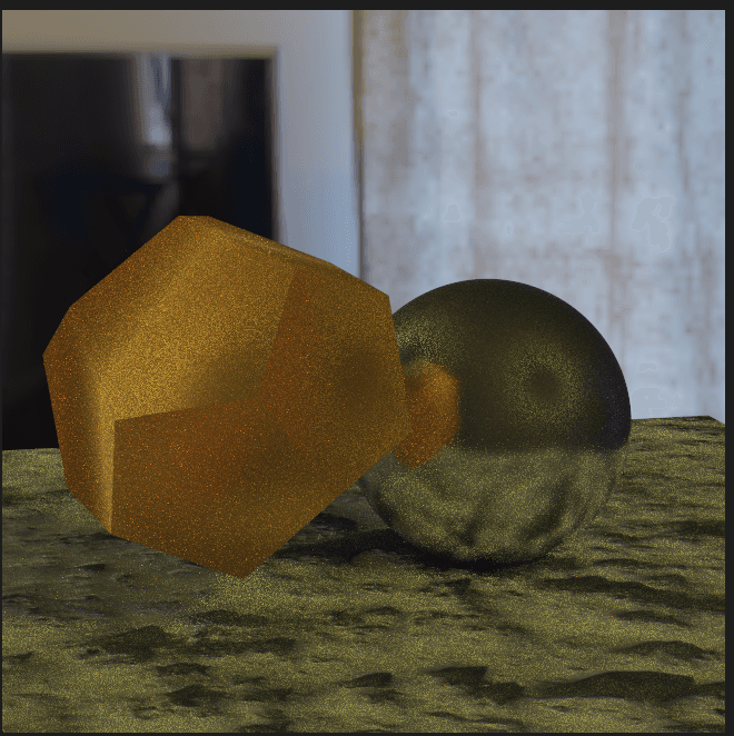A golden transmissive polyhedron beside reflective spheres under environment lighting