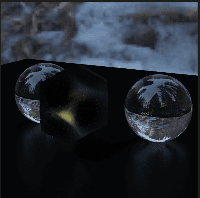Glass spheres and a rough transmissive dodecahedron under environment lighting