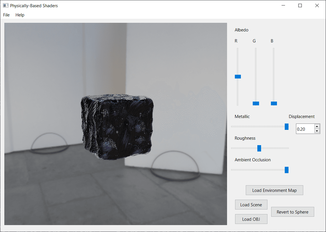 An obsidian material on a rounded cube under environment lighting