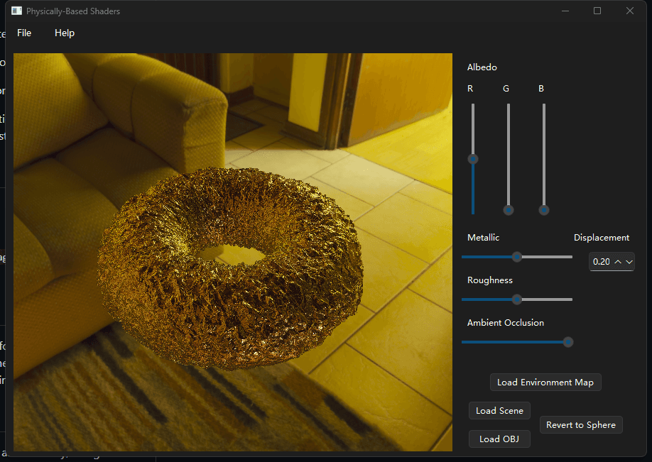 A rough metallic torus rendered in a warm interior environment
