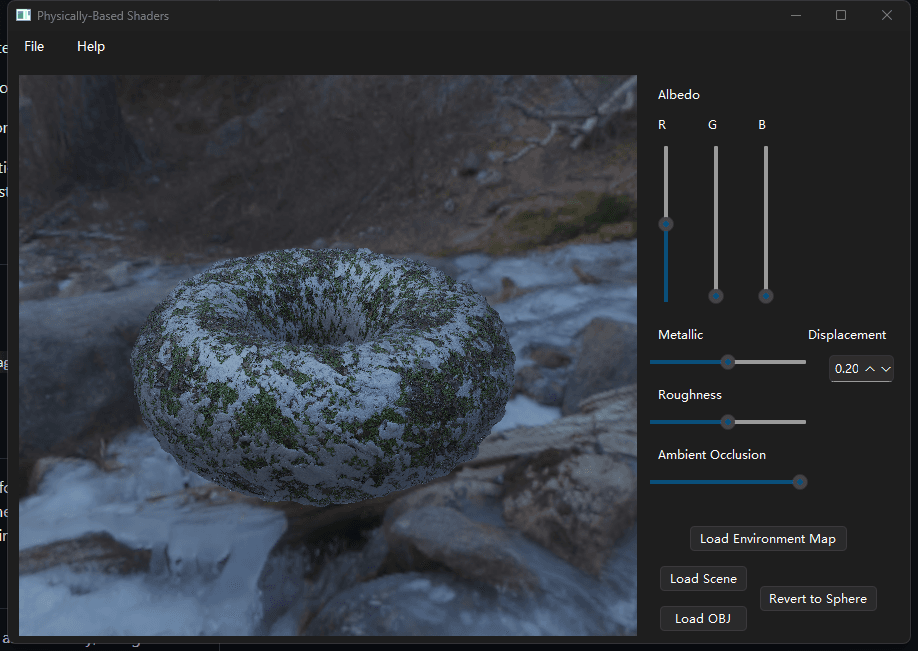 A textured torus rendered in a rocky outdoor environment