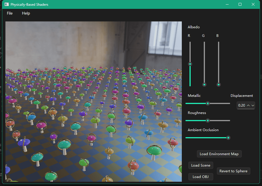 A wide field of repeated colorful SDF objects